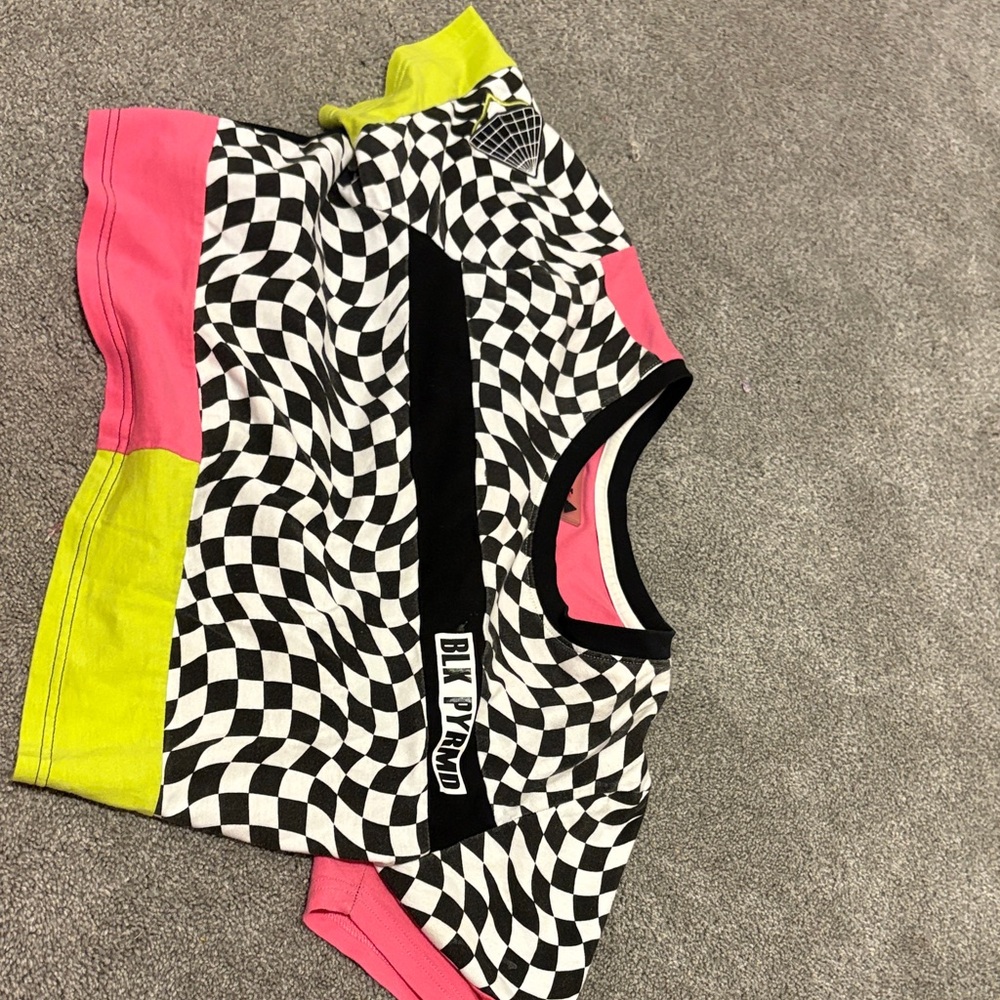Black Brand Checkered Crop Top with Pink and Yellow Accents